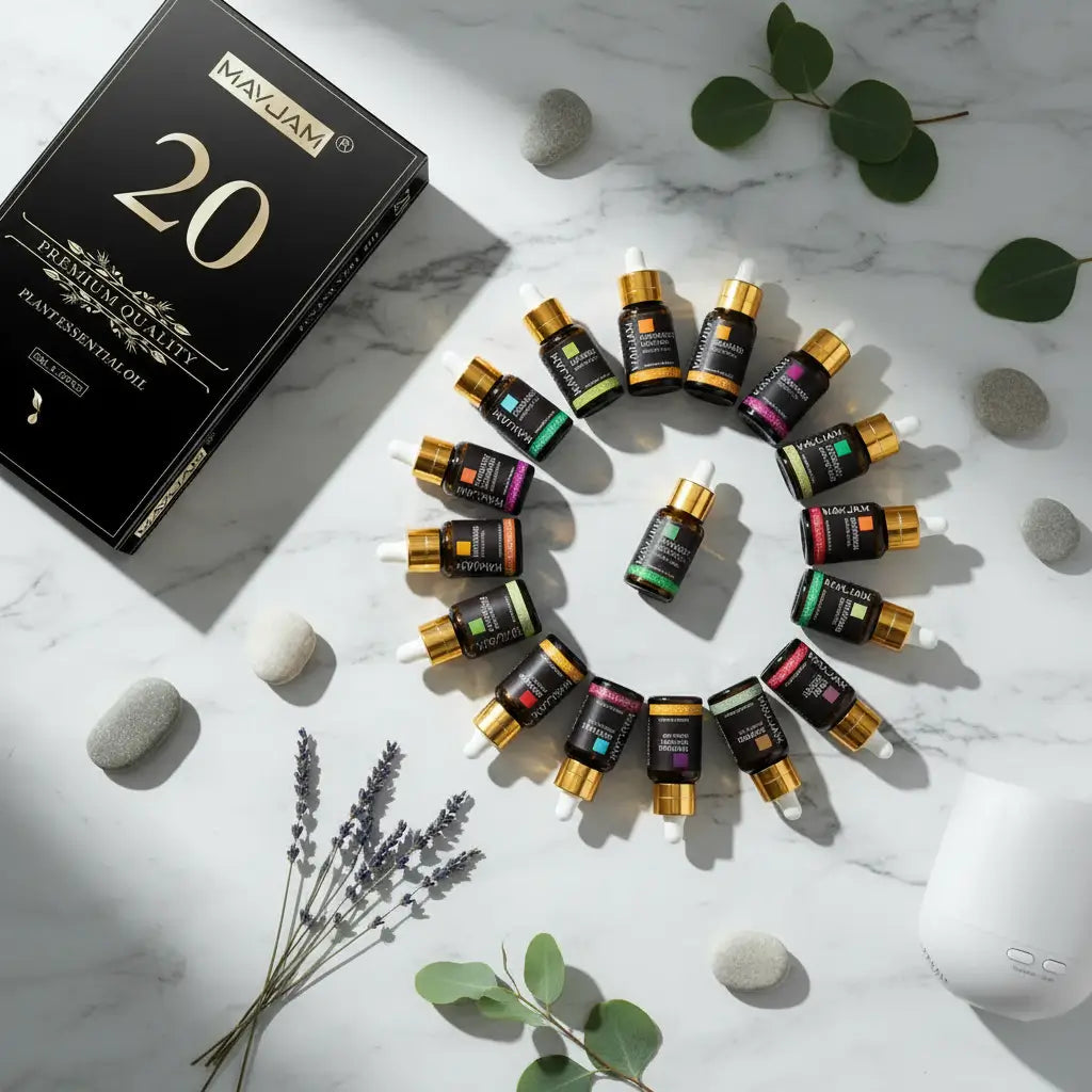 Coffret premium 20 huiles essentielles pures MAYJAM avec compte-gouttes dorés pour aromathérapie et diffusion
