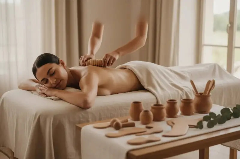 Femme allongée recevant un massage maderothérapie avec des outils en bois naturel — drainage lymphatique à domicile

