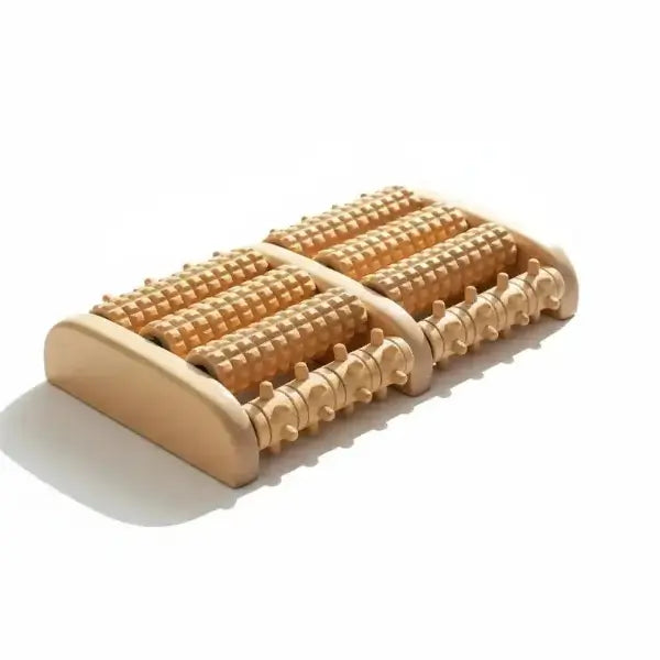 Rouleau massage pieds bois double rangée rouleaux réflexologie plantaire relaxation circulation sanguine