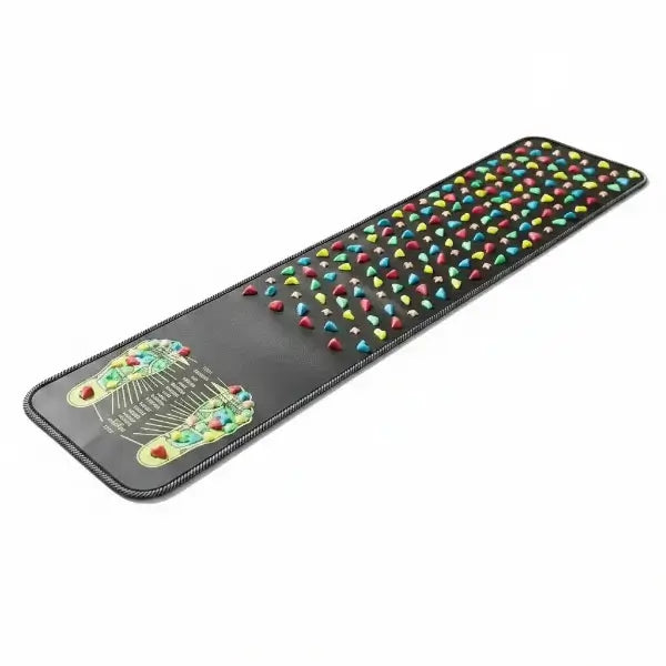 Tapis de réflexologie multicolore déroulé avec picots de massage pour pieds, carte de réflexologie plantaire intégrée, fond blanc, 175 x 35 cm
