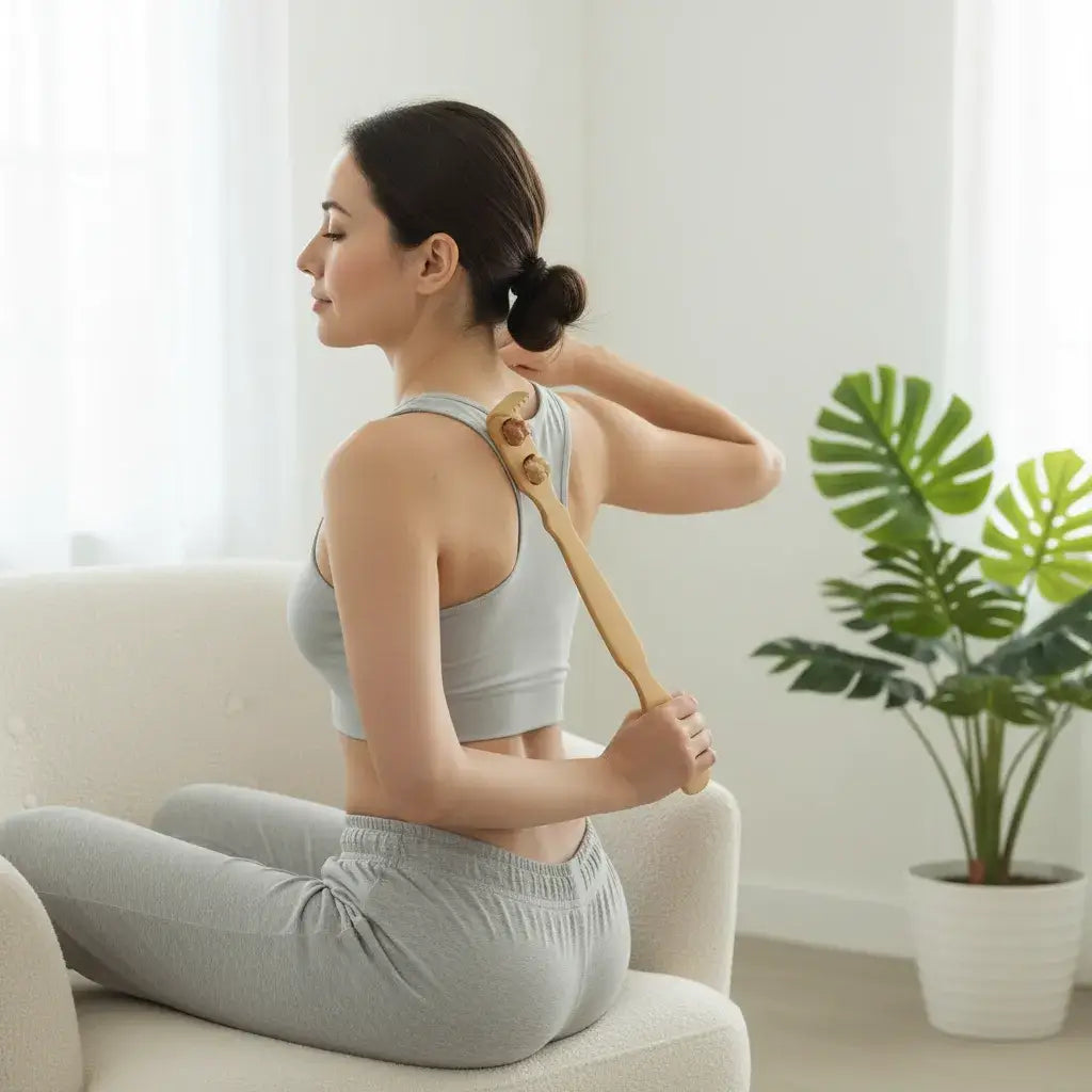 Femme utilisant un auto-masseur dos en bambou pour soulager les tensions dorsales dans une ambiance détente naturelle