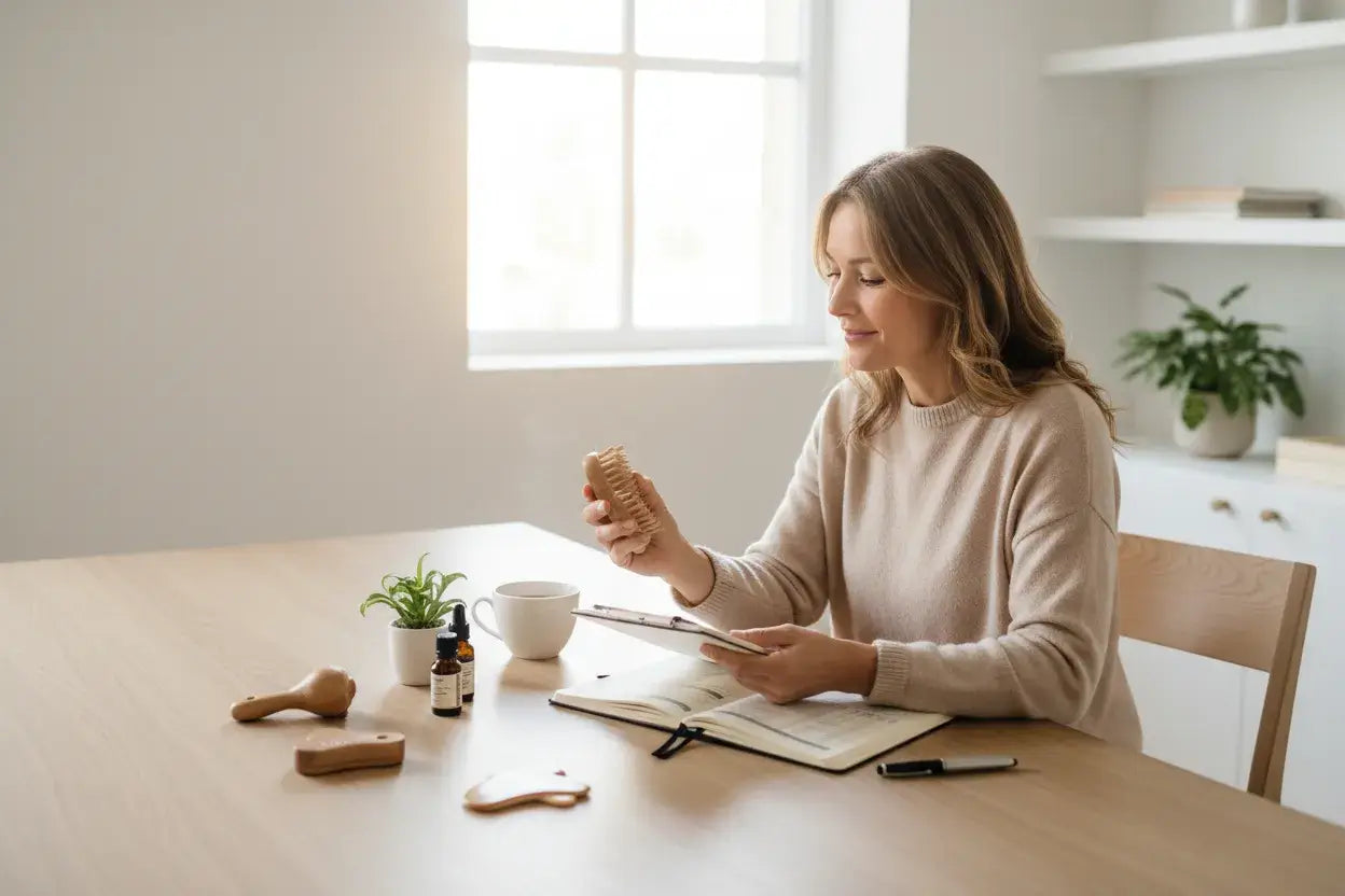 Femme comparant et choisissant produits bien-être naturels sur table avec guide et notes pour achat éclairé et conseils experts