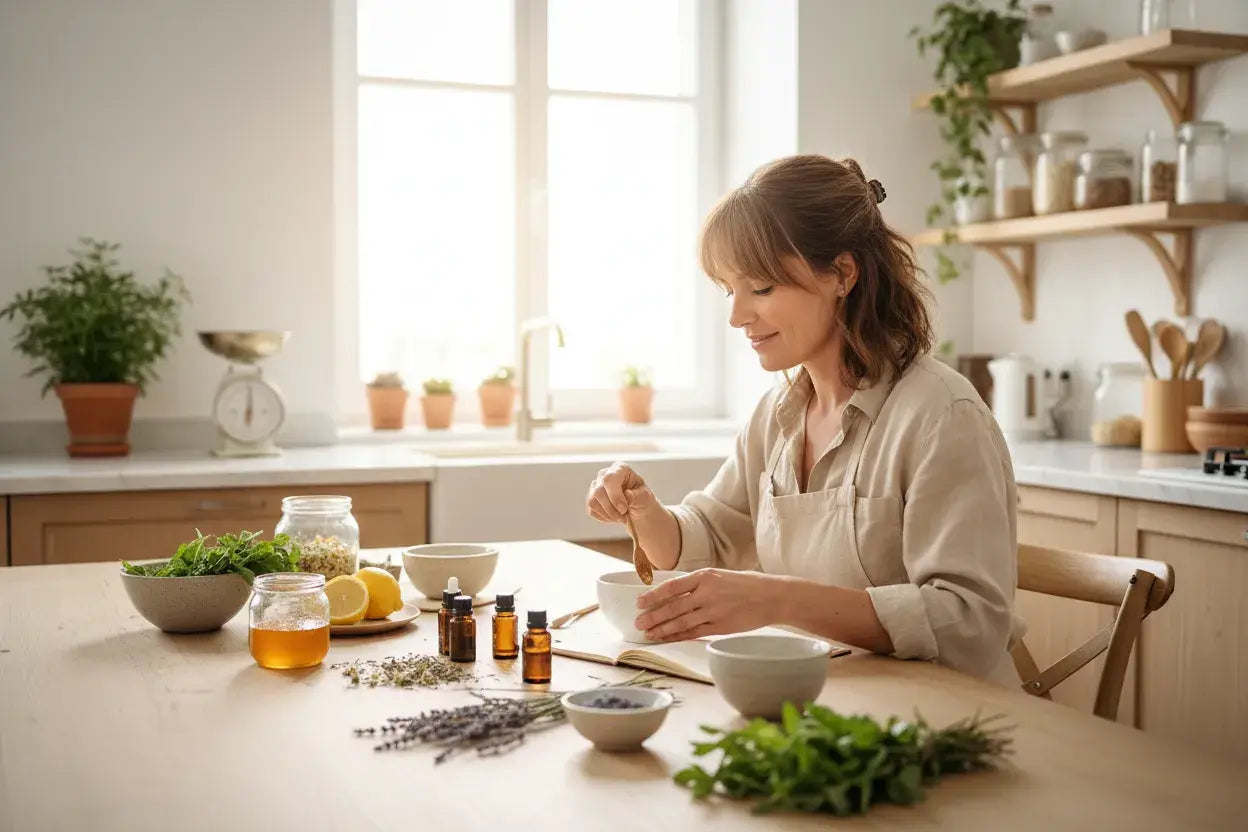  Femme préparant rituel bien-être naturel avec plantes et huiles essentielles sur table bois pour conseils et astuces santé naturelle maison