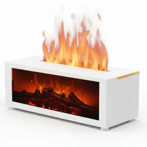 Cheminée électrique décorative blanche avec effet flammes LED réalistes et bûches incandescentes pour ambiance chaleureuse