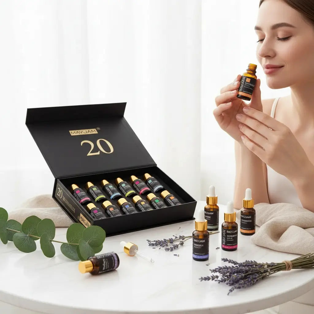 Coffret 20 huiles essentielles dans un rituel aromathérapie luxueux avec geste de sentir un flacon