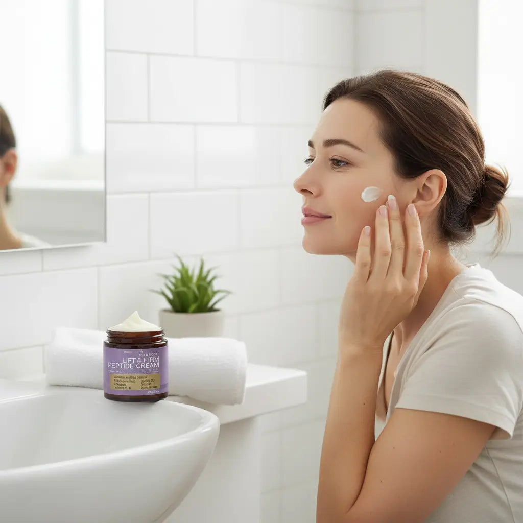  Application quotidienne de crème liftante instantanée anti-rides dans une salle de bain naturelle