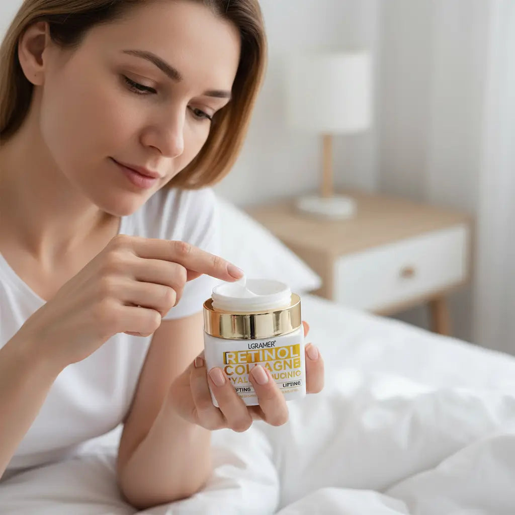 Gros plan sur l'application de crème visage au rétinol anti-rides lors d'une routine matinale naturelle