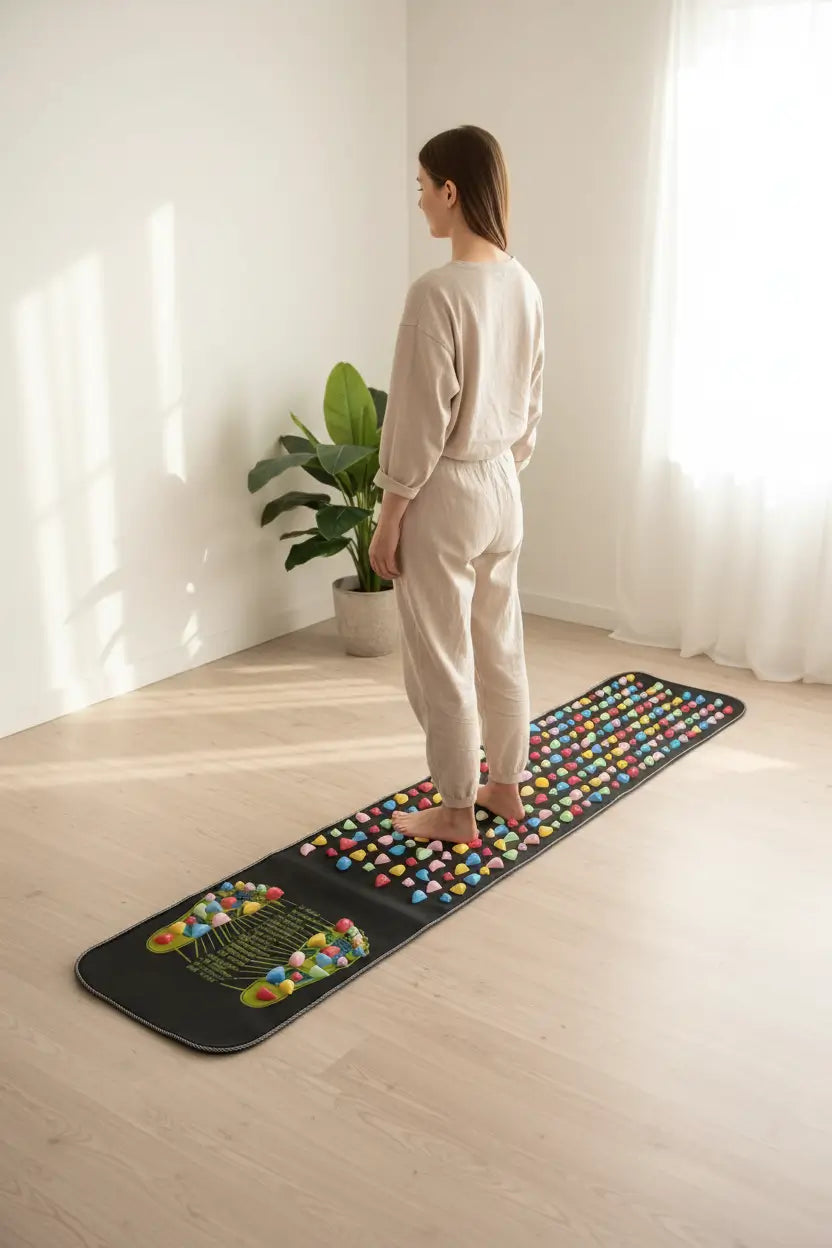 Femme debout sur tapis de réflexologie multicolore avec galets de massage pour pieds, décor intérieur lumineux, soulagement douleurs plantaires
