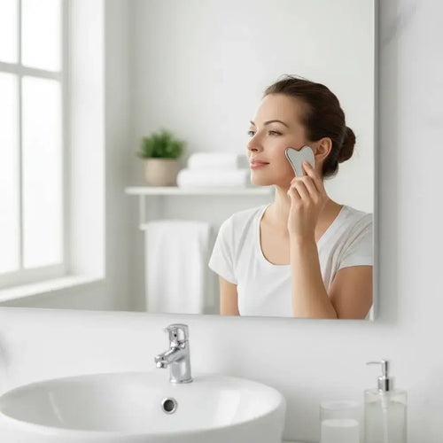  Femme utilisant un gua sha en acier sur son visage pour rituel beauté rafraîchissant et drainage lymphatique