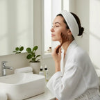  Femme utilisant un gua sha visage peigne sur sa joue en mouvement liftant pour drainage lymphatique facial
