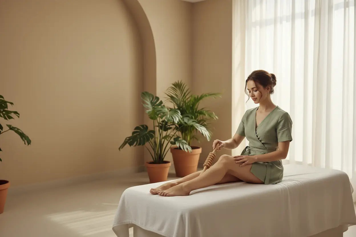 Femme se massant la cuisse avec un rouleau de massage en bois anti-cellulite - Maderothérapie à domicile 