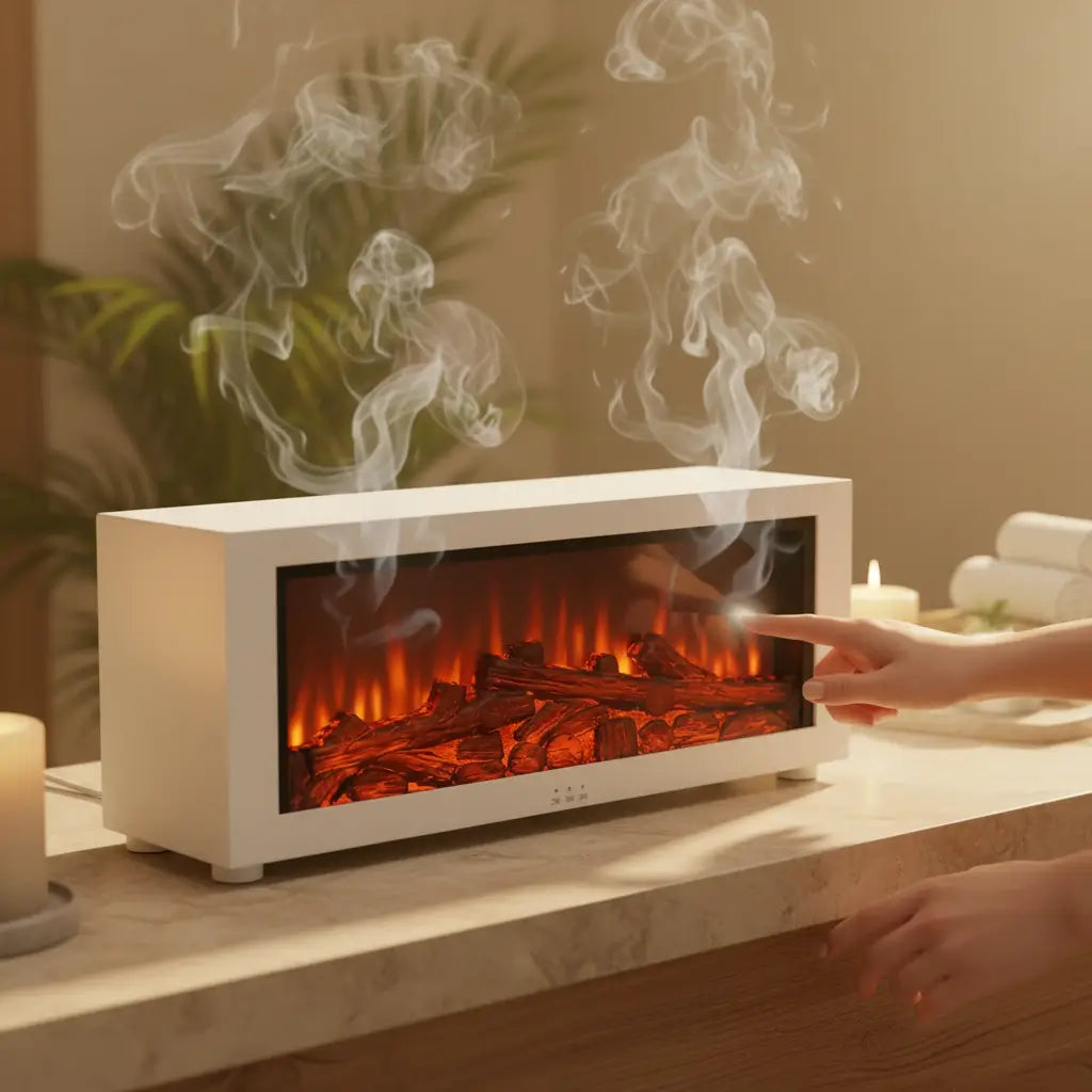 Humidificateur d'air huiles essentielles dans une mise en scène publicitaire lifestyle avec vapeur visible