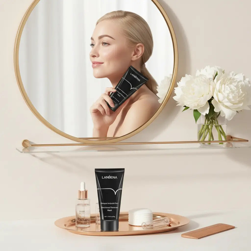  Masque purifiant anti-points noirs LANBENA sur vanité moderne avec miroir doré et routine beauté luxe