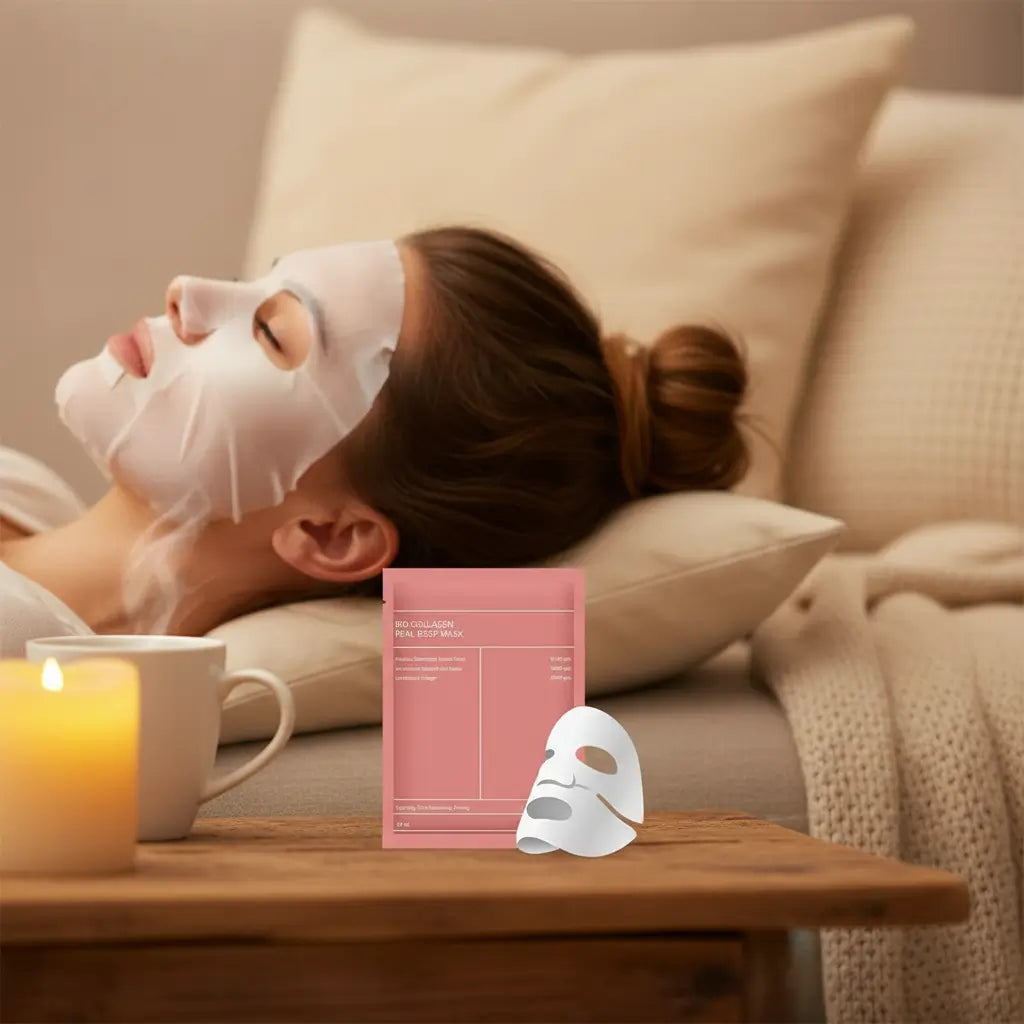  Femme détendue portant un masque visage bio au collagène dans une ambiance cocooning avec bougie et thé