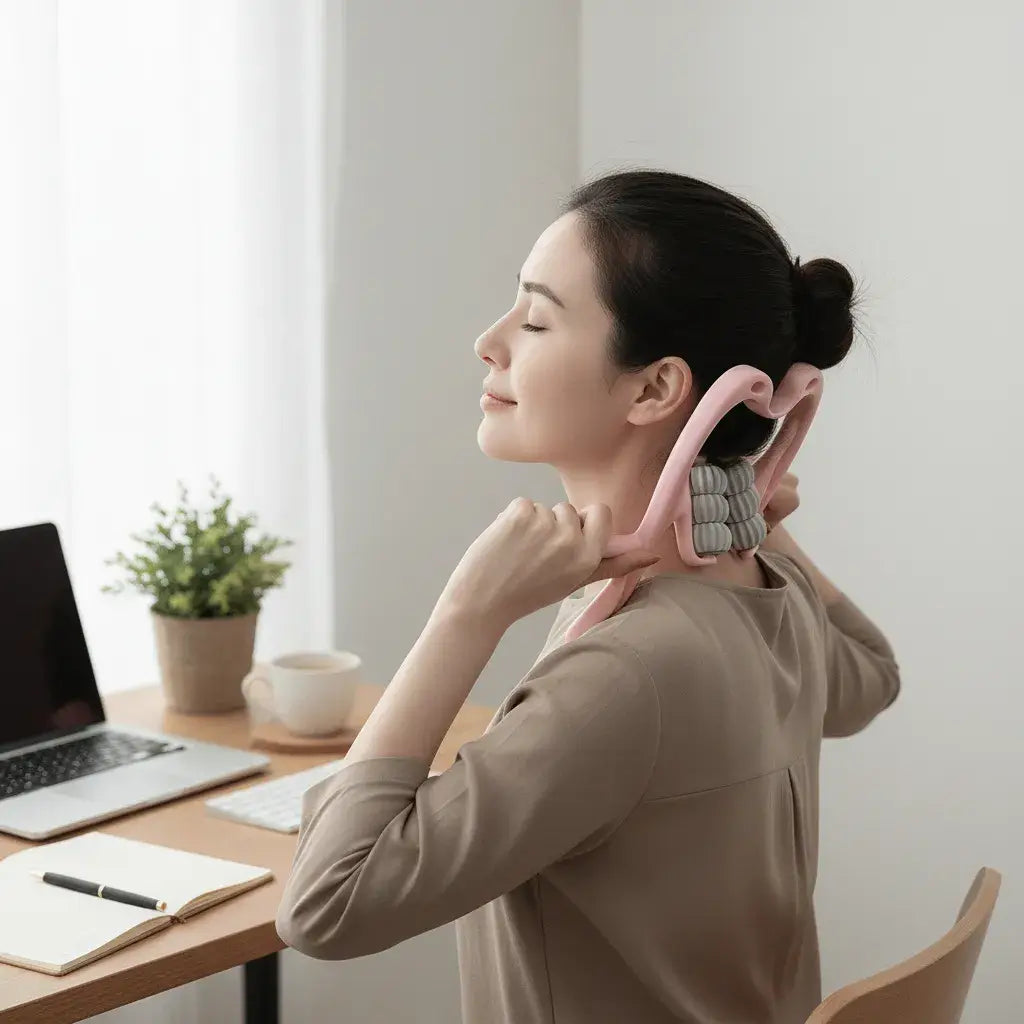 Femme utilisant un masseur cervical 6 roues sur sa nuque pour soulagement des tensions cervicales au bureau