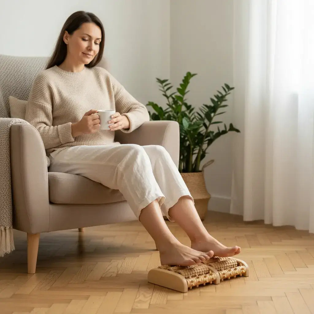  Femme assise utilisant un masseur pieds en bois avec rouleaux pour soulagement des pieds fatigués