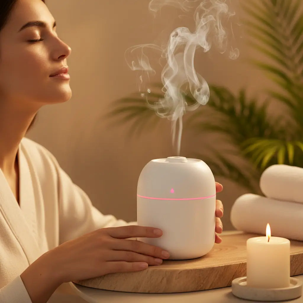 Mini humidificateur LED avec forte présence humaine dans une ambiance spa premium