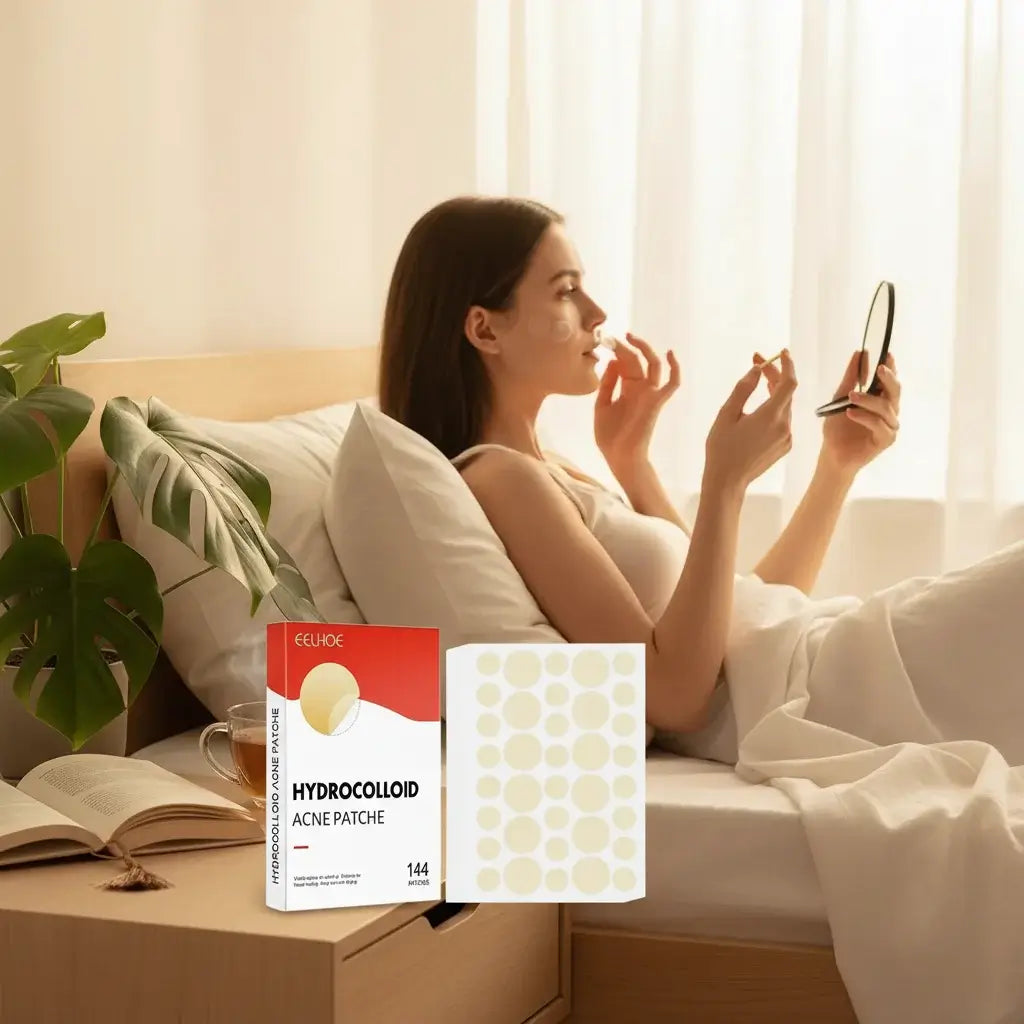 Patchs anti-acné invisibles disposés sur table de nuit dans un contexte lifestyle chambre cocooning