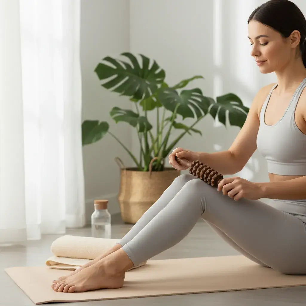  Femme utilisant un rouleau de massage anti-cellulite sur sa cuisse pour drainage et soin corps