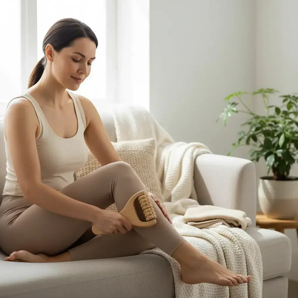  Femme utilisant un rouleau de massage sur son corps pour rituel détente musculaire et relaxation
