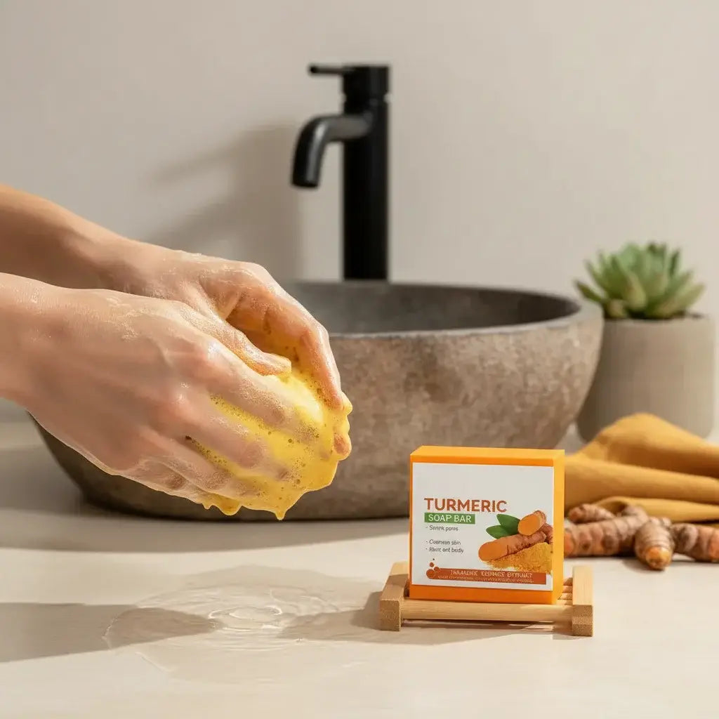 Savon artisanal au curcuma éclaircissant naturel avec mousse crémeuse dans une ambiance clean beauty