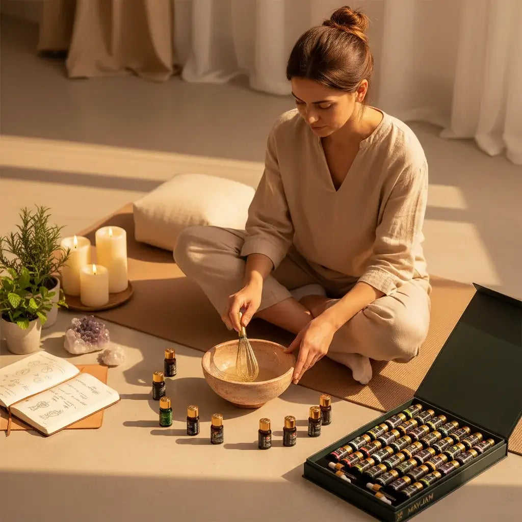 Set de 35 huiles essentielles dans un rituel DIY wellness avec création de mélange sur tapis de yoga