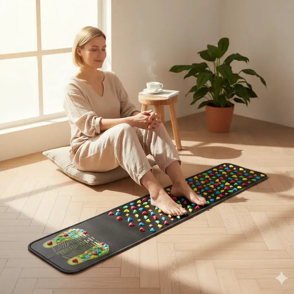  Femme utilisant un tapis de massage pieds complet pour soulagement et détente des pieds fatigués