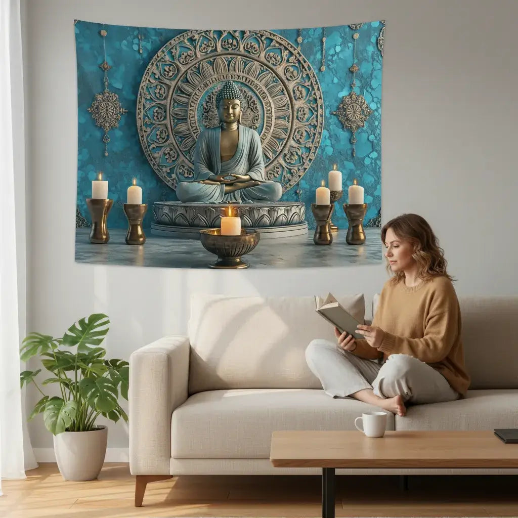 Femme lisant confortablement sur canapé avec tapisserie murale Bouddha 3D élégante au mur pour décoration salon zen raffinée