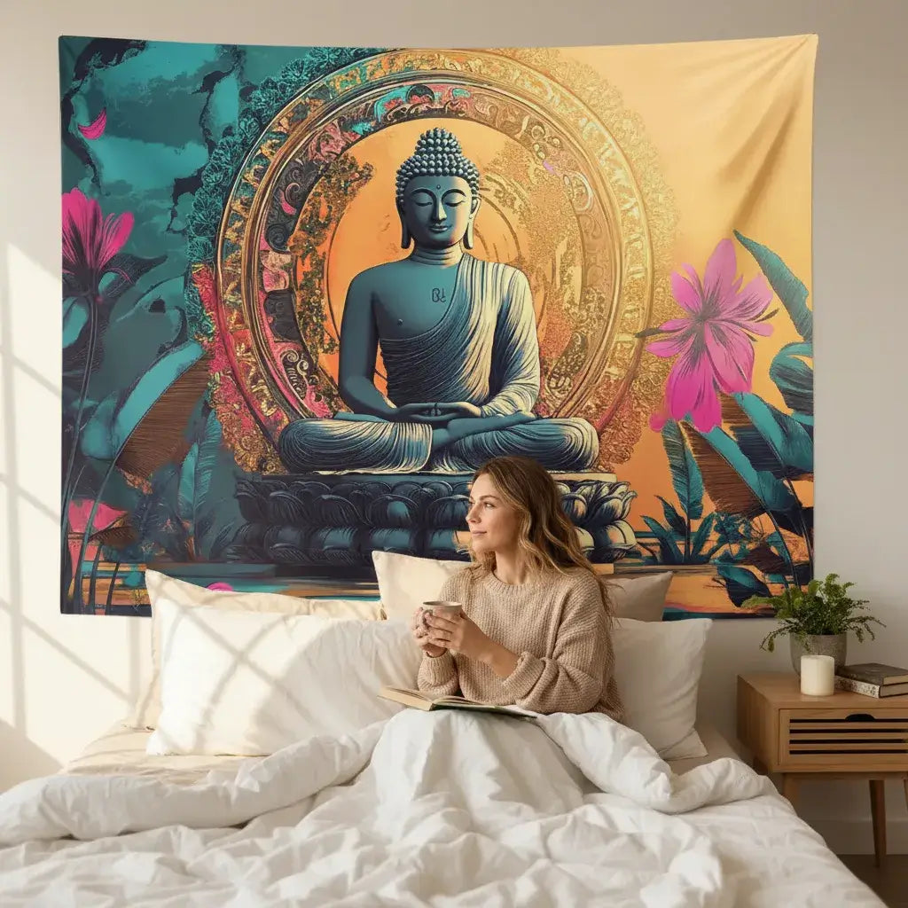  Femme se relaxant sur lit avec livre et thé sous tapisserie murale Bouddha doré mandala spirituel pour moment cocooning chambre