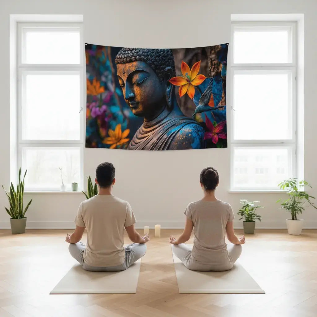 Couple pratiquant le yoga et la méditation ensemble devant tapisserie murale Bouddha indien mandala bohème pour rituel bien-être partagé