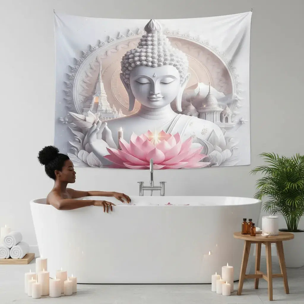 Femme se relaxant dans baignoire avec tapisserie murale Bouddha statue lotus blanc pur au mur pour moment spa maison apaisant