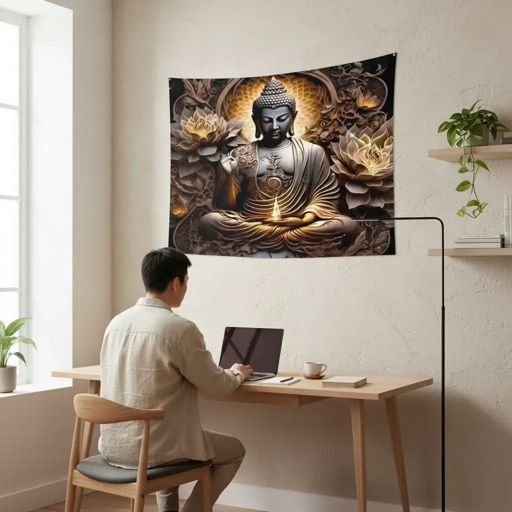 Homme asiatique travaillant sereinement à son bureau à domicile avec tapisserie murale lotus oriental zen accrochée au mur pour ambiance télétravail inspirante