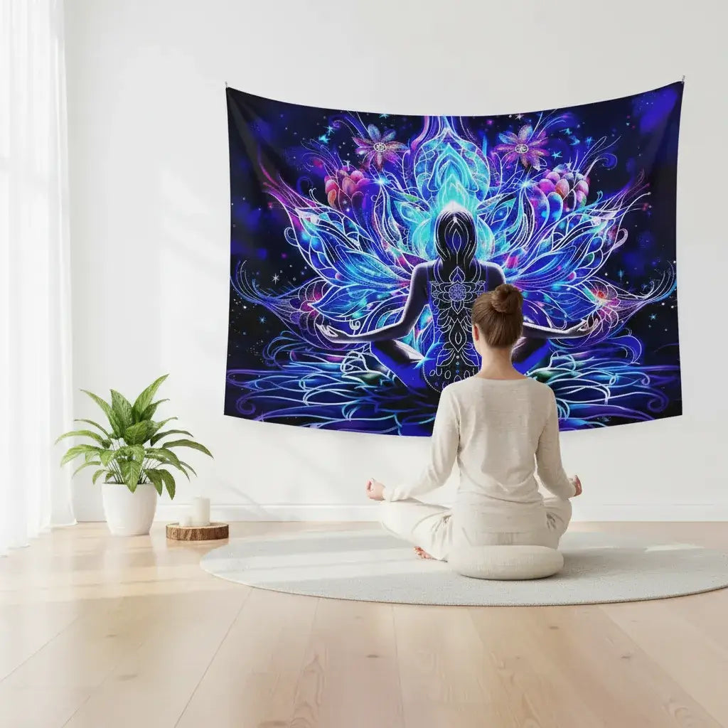 Femme en méditation de dos devant tapisserie murale méditation lotus ciel étoilé zen pour rituel bien-être maison paisible